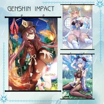 Профил Genshin Impact Плакат Cosplay Аниме Хуто, Ганью, Мона, Райденшогун, Кэцин Превъртане На Платното За Декор На Стената Художествени Подаръци